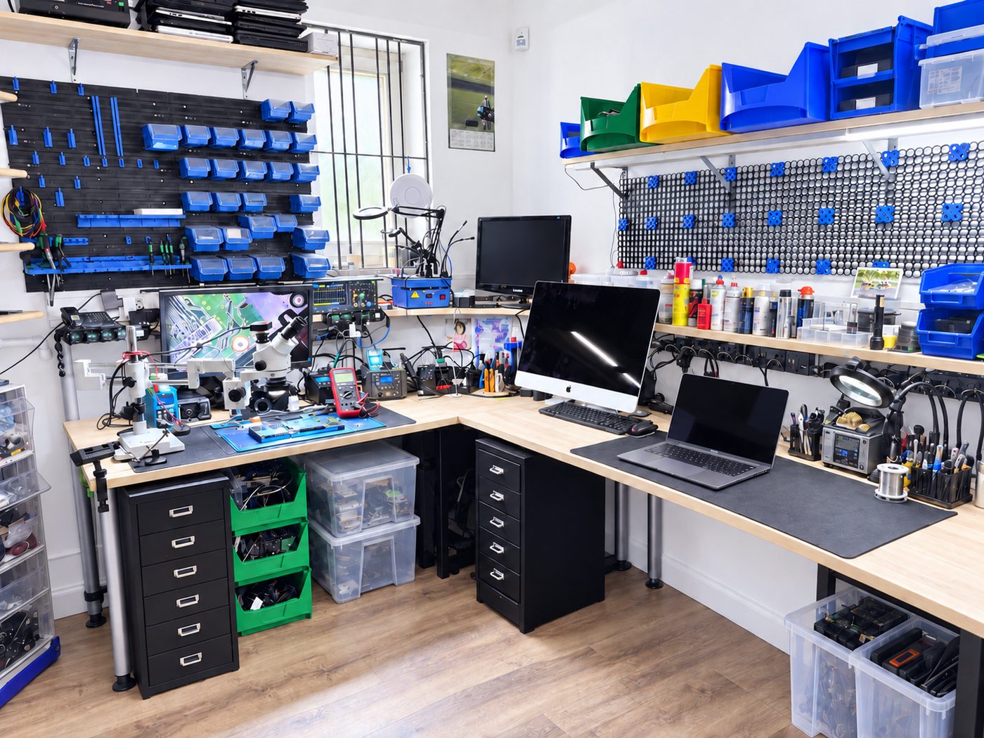 Reparaturplatz von Powerstore Computers in Auer mit Mikroskop, Lötstation und Messgeräten