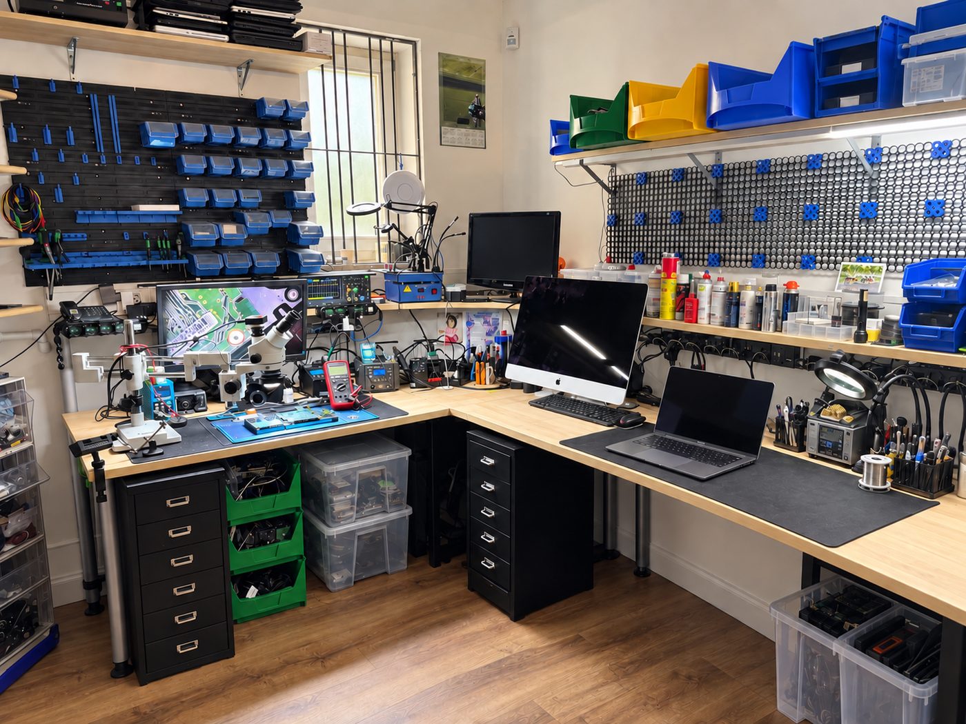 Reparaturplatz von Powerstore Computers in Auer mit Mikroskop, Lötstation und Messgeräten