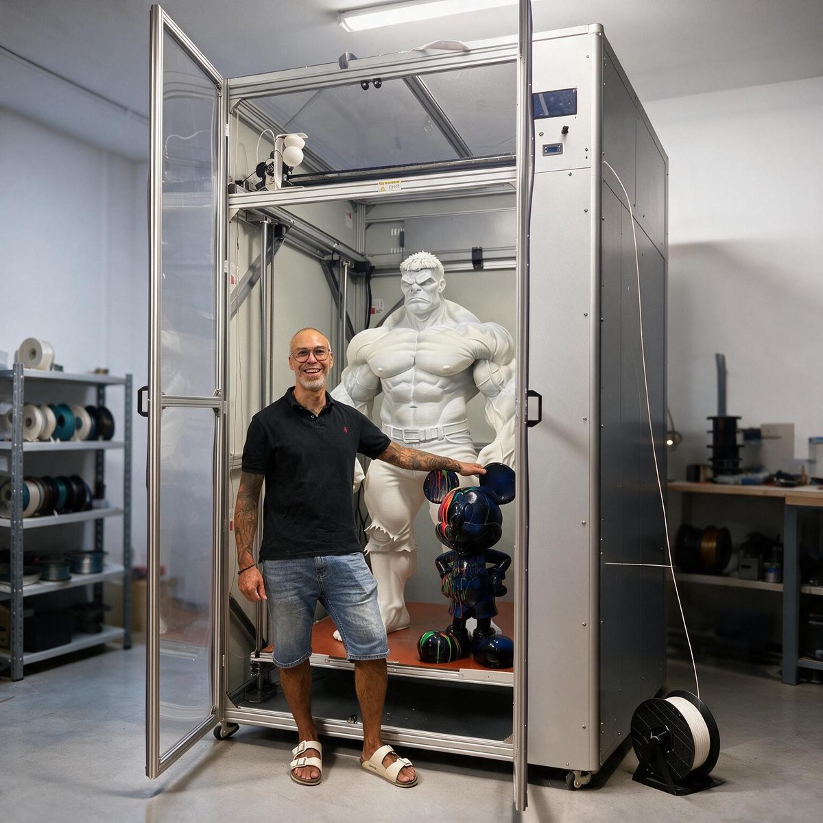 Großer 3D-Drucker von Powerstore mit einer lebensgroßen gedruckten Figur